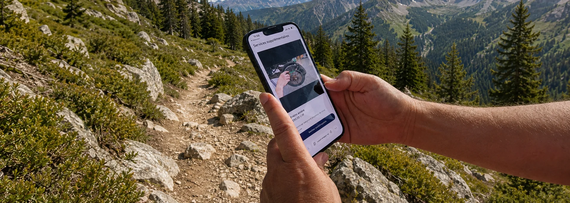 Un client valide les travaux de son véhicule depuis son téléphone, en pleine nature